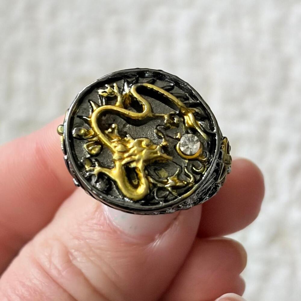 Gold and Gunmetal Dragon Signet Ring Size 8